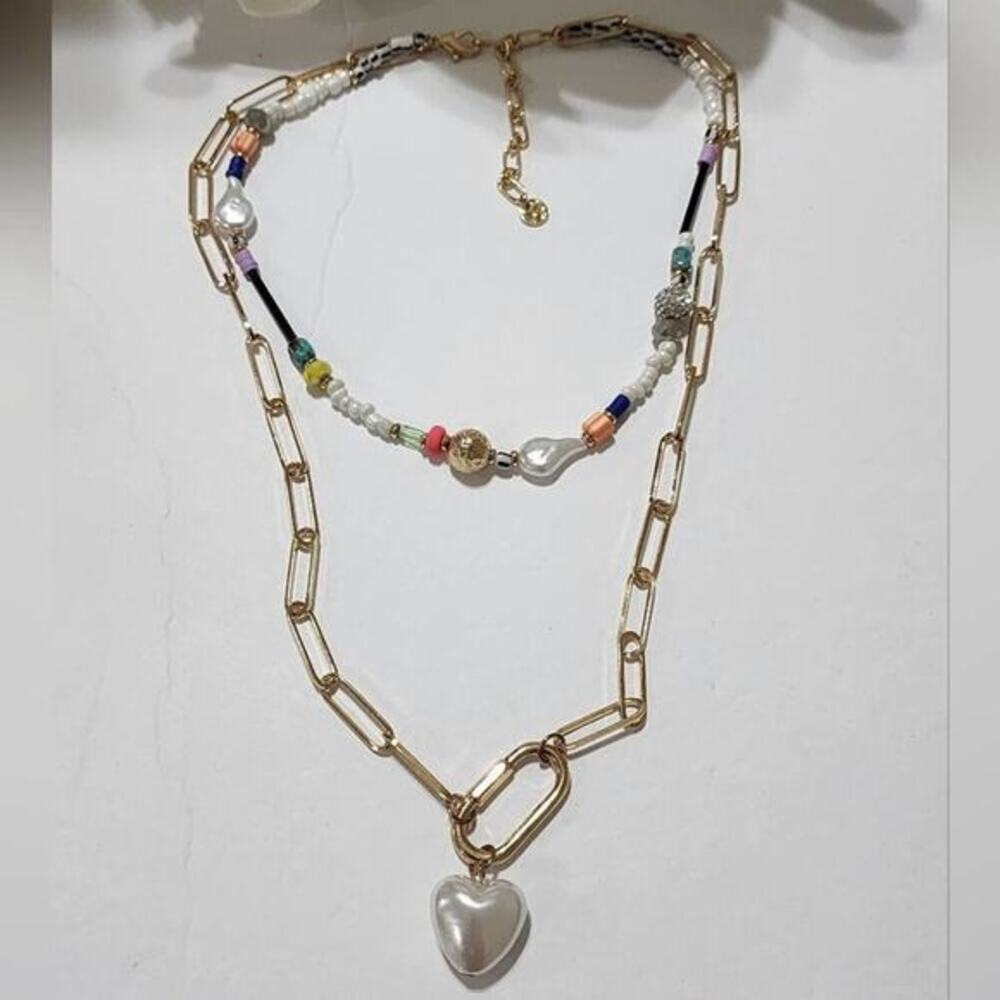 Electra Layered paperclip necklace with pearl heart and beaded‎ accents